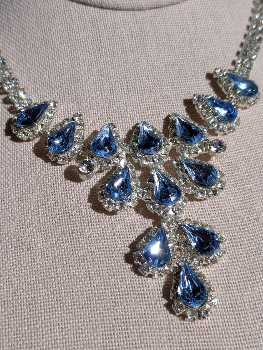 Blue Clear Rhinestone Statement Necklace Sparkling Teardrop Adjustable 16-20"